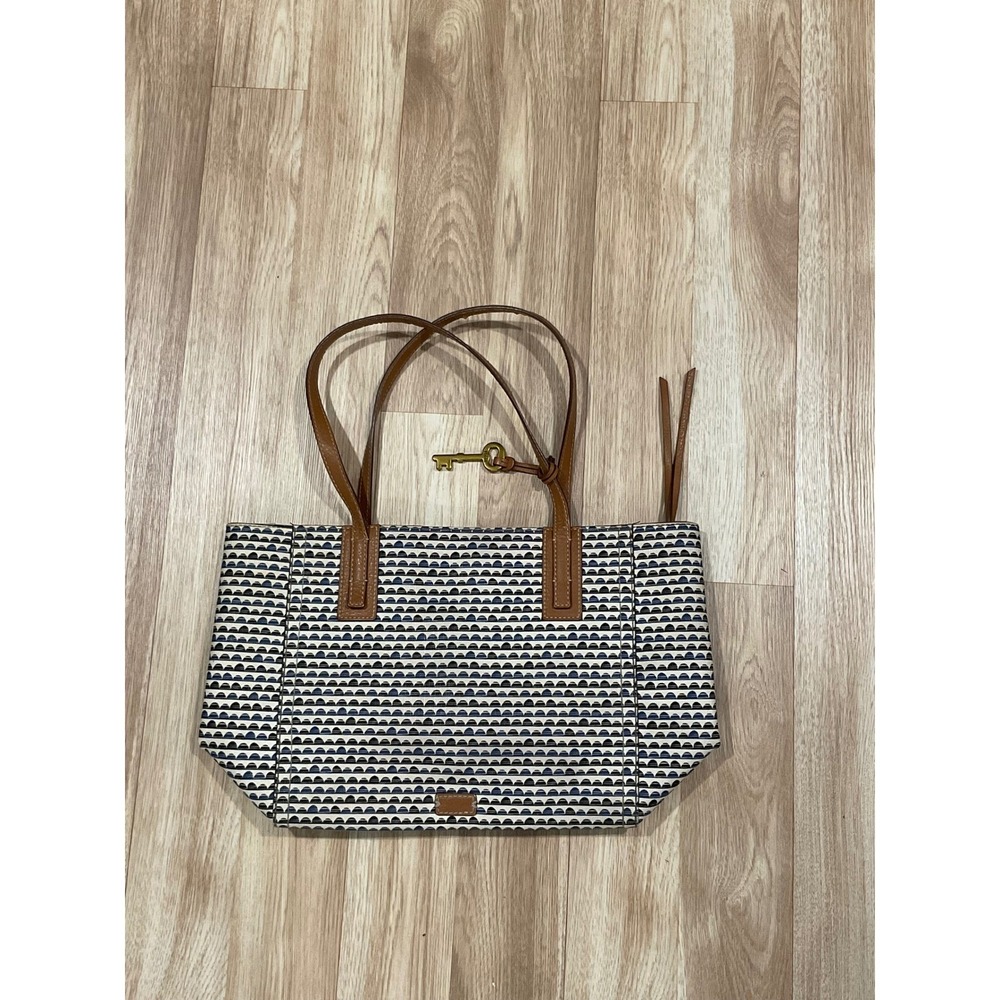Fossil Emma Tote Bag Blue Black Geometric Print Coated Canvas Leather Trim Large